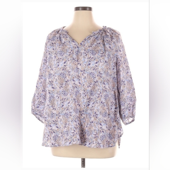 J.Jill Women’s Purple Floral Linen Puff Sleeve Shirt Size L - Picture 1 of 8